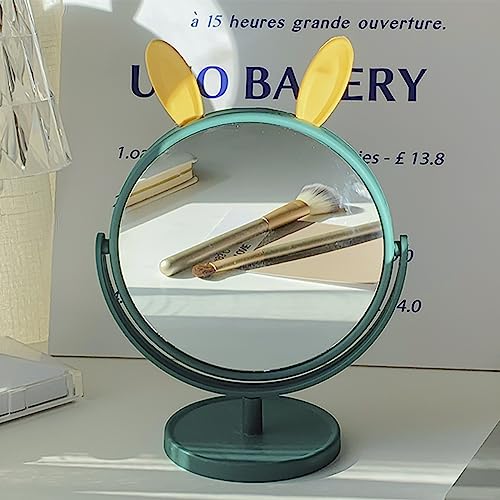 Image of Mockery Desktop Makeup Mirror Rabbit Ear Cosmetic Vanity Mirror for Girls Practical Adjustable 360 Degree Rotating Mirror with Green Rabbit Ear Design