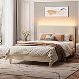 Bestier Full Bed Frame with Adjustable Headboard, LED Lighting, Vertical Channel Tufted Corduroy Upholstered, Solid Wooden Slats Support, No Box Spring Needed, Never Squeaks, Easy Assembly, Beige