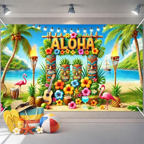 Image of BlissYard Aloha Banner 71 x 43 Inch Hawaiian Luau Backdrop with Tiki Masks Flamingo Hibiscus Palm Tree, Tiki Party Decorations for Summer Beach Photo Booth Wall Decor