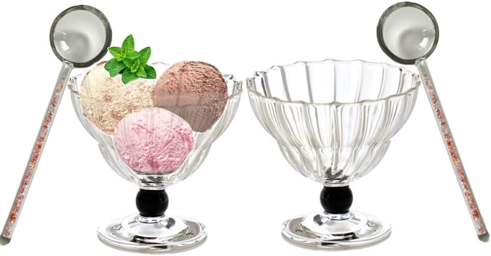 GAOGAO Ice Cream Bowl Set Dessert Glass Cups with Shinning Spoon Bar or Kitchen Cocktail Drinkware (two transparent stripe cup, 200ml)