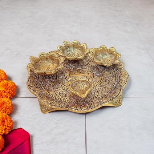 Image of KridayKraft Metal Pooja Thali with Diya for Pooja Home /Temple /Mandir,Decorative Showpiece Pooja Thali Set for Diwali Poojan Wedding Gift Article