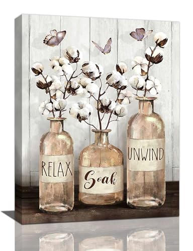 remzoke Bathroom Wall Art Farmhouse Decor Rustic Pictures for Wall Cotton Brown Jar Canvas Prints Relax Soak Unwind Signs Painting Modern Artwork Home Decoration for Bathroom 16"x20"