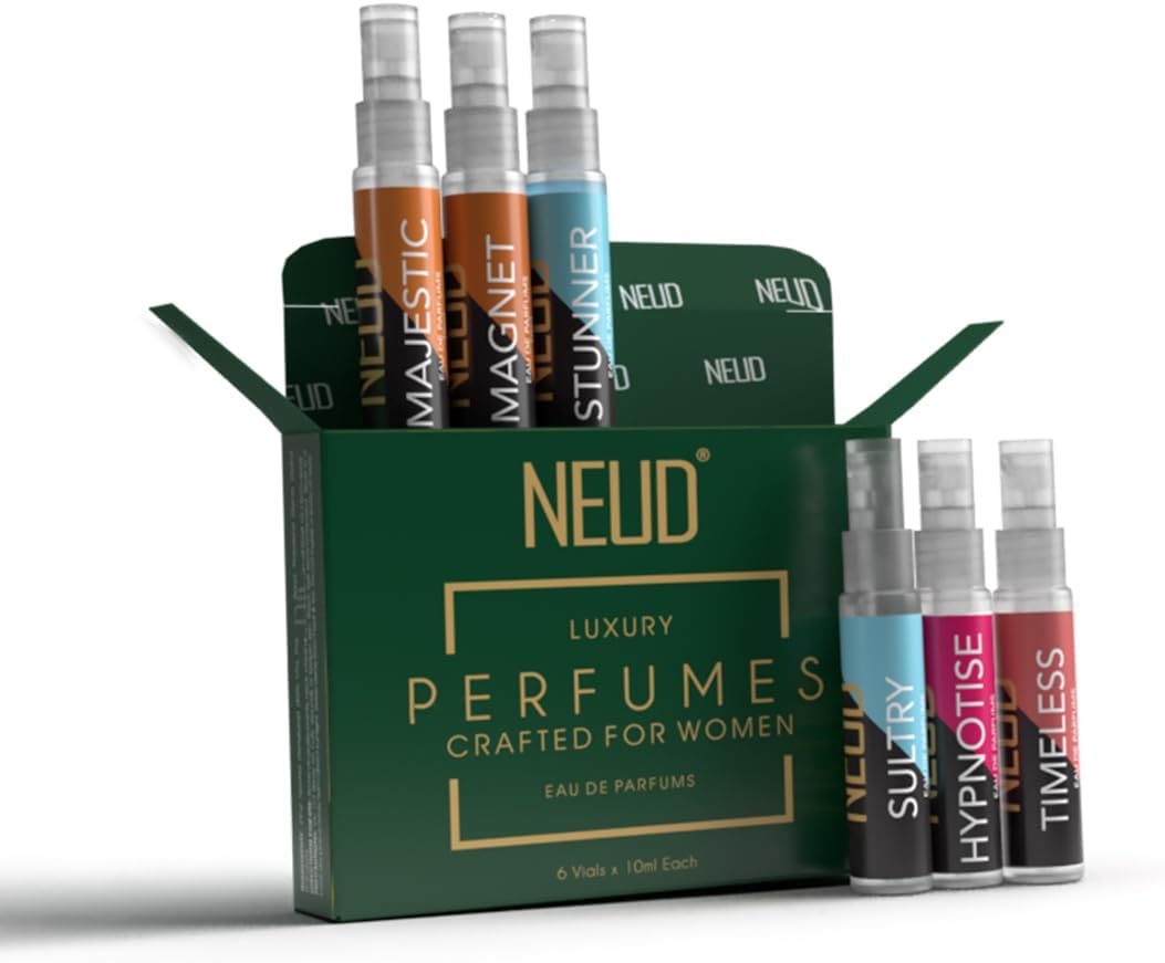 NEUD Luxury Perfume Gift Set 6 x 10 ml for Women, Long Lasting Fragrance, Travel Friendly EDP Kit, Pocket Perfume for Women, Birthday Gift for Girlfriend, Sister, Anivarsary Gift for Wife