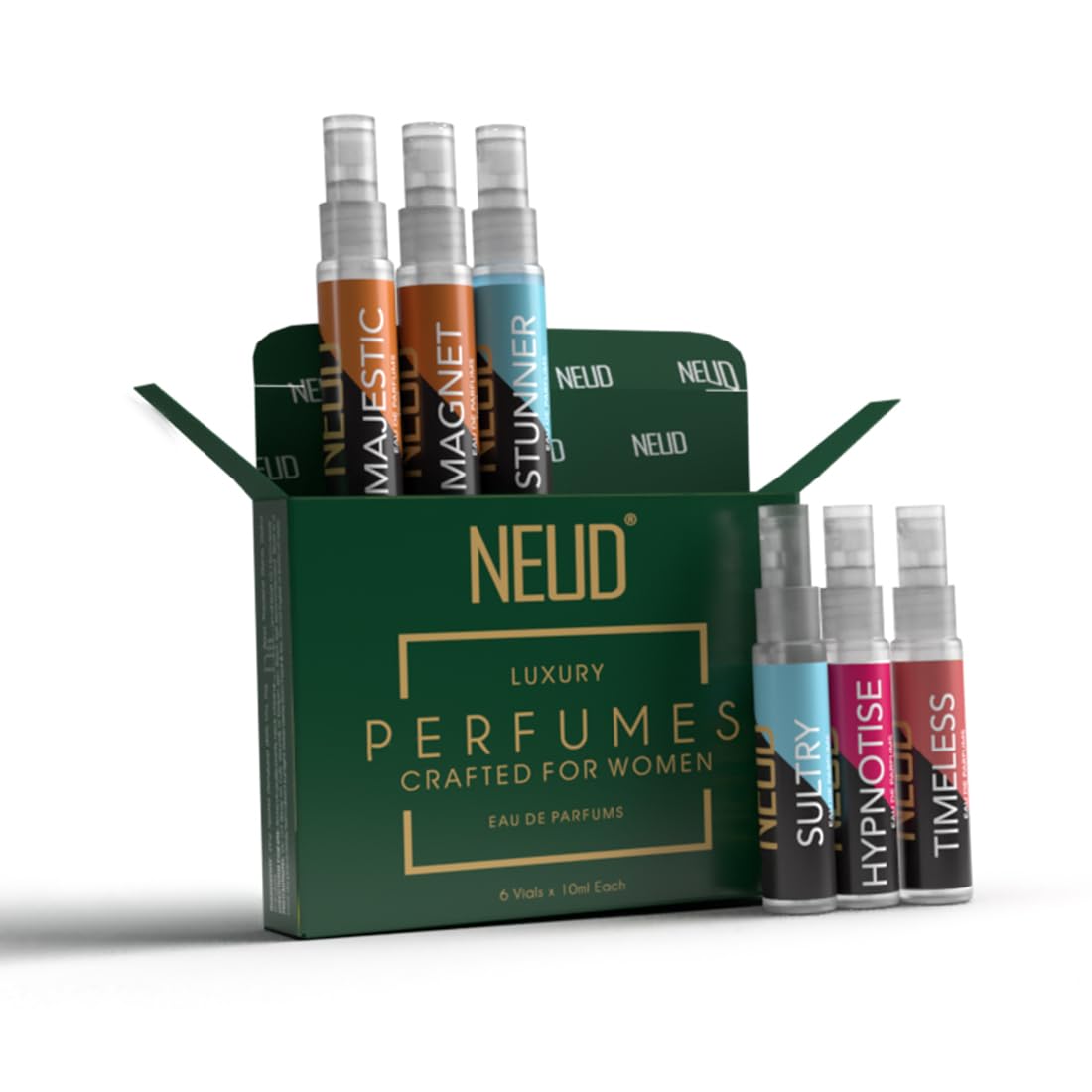 NEUD Luxury Perfume Gift Set 6 x 10 ml for Women, Long Lasting Fragrance, Travel Friendly EDP Kit, Pocket Perfume for Women, Birthday Gift for Girlfriend, Sister, Anivarsary Gift for Wife