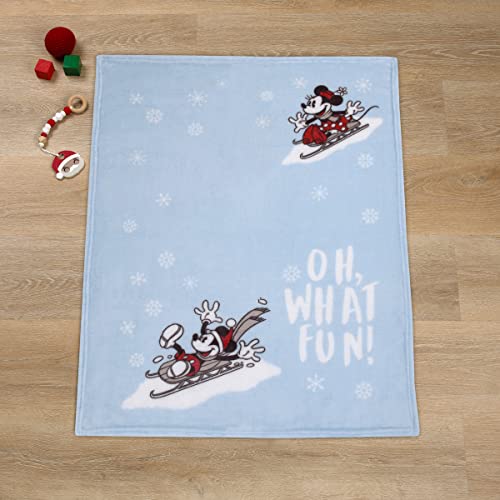 Image of Disney Mickey and Minnie Mouse Blue, White and Red Winter Holiday Oh, What Fun! Snowflakes Photo Op Super Soft Baby Blanket