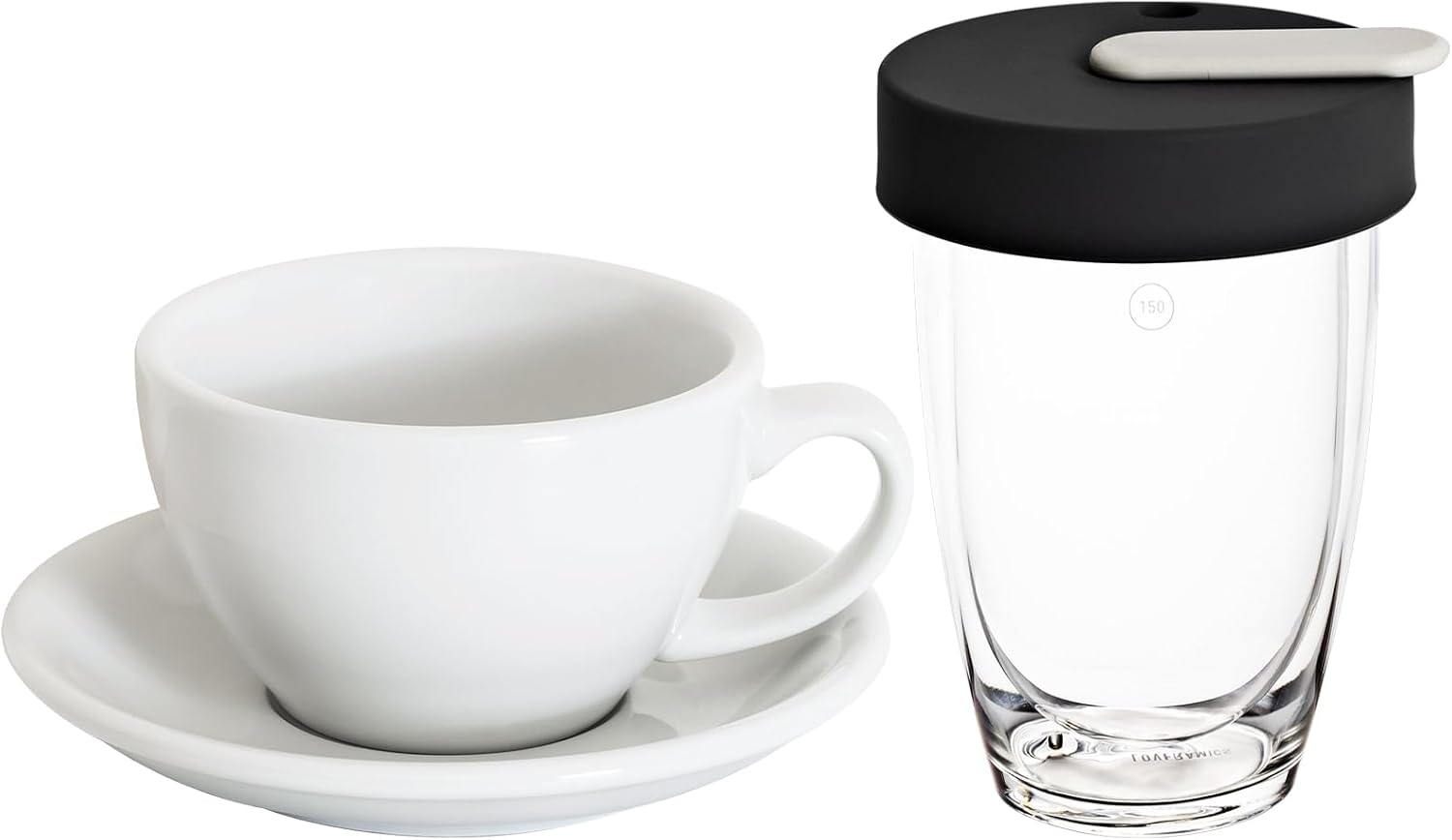 Loveramics Set of 1 x 300ml Latte Art Cup and Saucer (White) + Glass Travel Mug (Clear)