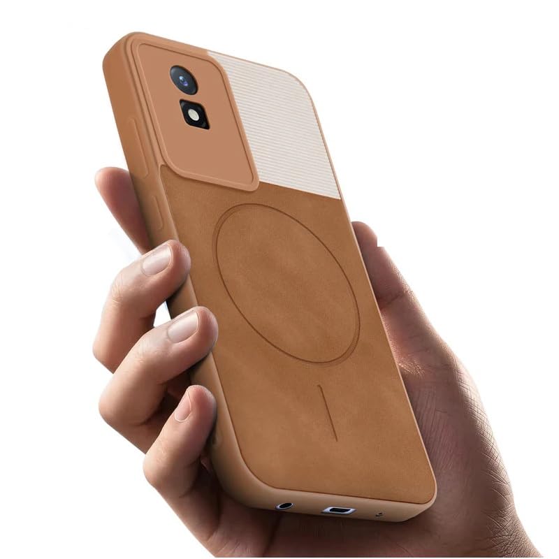 Image of Bintage case Dual-Leather Macc-Safe Design Phone Case| Soft Touch Finish | Full Camera Protectection Back Cover Compatible for Vivo V2252 / Vivo Y02t - White & Nut Brown