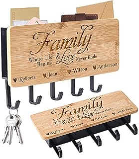 Personalised Engraved Key Holder for Wall, Wall Mounted Key Letter Racks with 5 Hooks, Key Hanger Organizer for Entryway Mudroom, Hallway, Kitchen, Office Letter