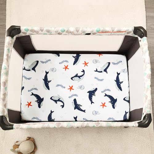 Image of PHF 3 Pack Soft Mini Crib Sheets, Shark Pack N Play Sheets for Baby Boys, No Slip Universal Fit for Pack N Play, Playard, Portable and Mini Crib Mattresses, Shark