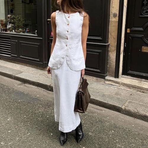 Women's Cotton Linen 2 Piece Outfits Elegant Sleeveless Blazer Vest & Midi Pencil Skirt Business Work Dress Sets4