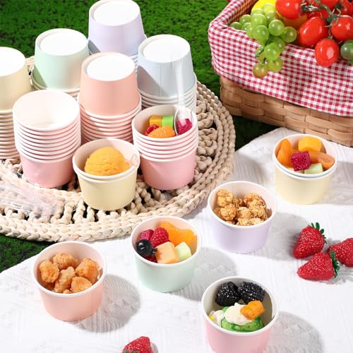 Image of Boao 100 Set 5 oz Ice Cream Cups with Spoons Disposable Paper Sundae Dessert Bowls Summer Party Supplies (Pastel)