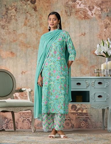 Image of Libas Printed Cotton Straight Kurta With Palazzo and Dupatta