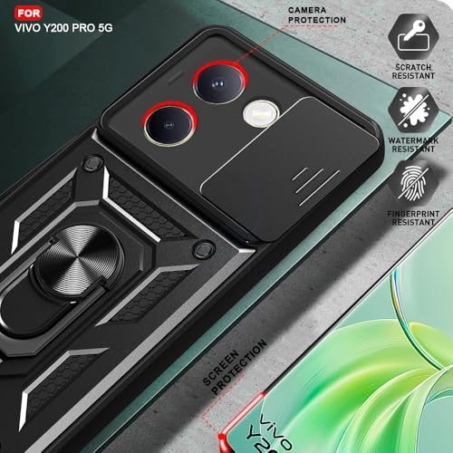 Image of AESTMO Polycarbonate Tough Armor Vivo Y200 Pro 5G Bumper Back Case Cover|Ring Holder & Sliding Camera Shield Cover|360 Degree Protection Back Case Cover for Vivo Y200 Pro 5G (Black)