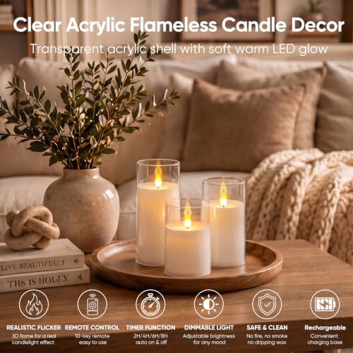 Image of Homemory Pure White Rechargeable Flameless Candles, Remote Timer, Set of 3