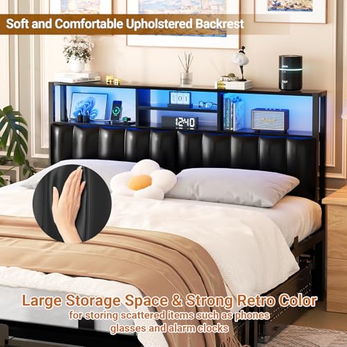 Image of Aheaplus Headboard for Queen Size Bed with Storage, Upholstered Headboards | with Outlets, USB Ports and LED Light, Reversible Queen Size Head Board, Height Adjustable, Comfortable Headboard, Black