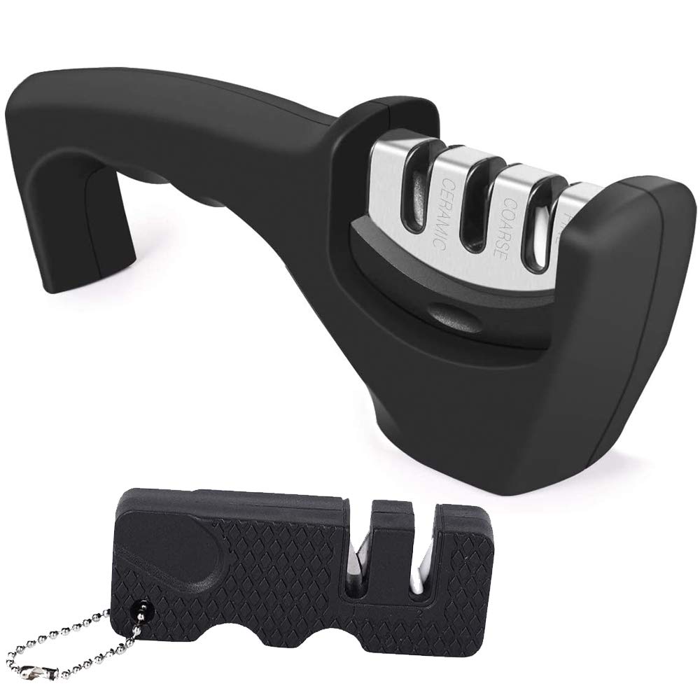 Professional Kitchen Knife Sharpener, 3-Stage Slot with Non-Slip Base, Easy to Polish Sharpen and Repair Blades,Autoor 2-in-1 Mini Knife Sharpener for Kitchen Camping & Hiking