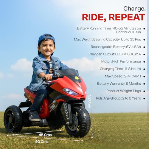 Image of Toyzone Ranger Electric Bike (Red) | 6V Rechargeable Bike for Kids with 4.5Ah Battery | LED Lights, Music, MP3 /USB /BT | Smooth Acceleration | 6M Battery Warranty | Age 2-6 Years, Up to 35kg