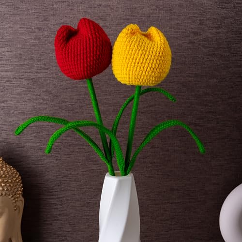 Image of Tulip Crochet Flowers | Handcrafted Artificial Faux Woolen Flower with Long Stem | Natural Looking Knitted Flower for Home, Living Room, Vase & Bouquet Decoration & Gifting | Red & Yellow
