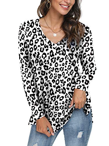 LONGYUAN Ladies Long Sleeve V-Neck T-Shirts Stretchy Comfort Basic Tops Printed Leopard White,X-Large