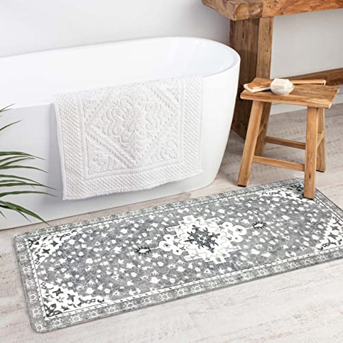 Uphome Vintage Bathroom Runner Rug Gray Non-Slip Soft Long Bathroom Rugs Machine Washable Oriental Bath Mat Traditional Farmhouse Floral Floor Mats for Sink Shower Bathtub, 18x47 inch