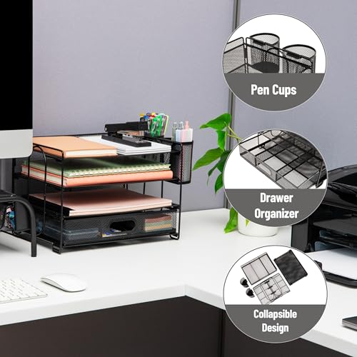 Image of Mind Reader Mesh Desk Organizer, 3 Trays, 1 Drawer, 2 Pen Holders, Office Desktop Organizer, Metal Mesh, Black