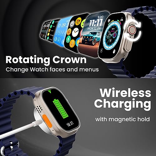 Image of Kratos SW17 Ultra+ Smartwatch with 1.96 inch Touch Display, Advanced BT Calling, Wireless Charging Smart Watch, Voice Assistant, 100+ Sports Modes, Rotating Crown, Metallic Body, IP67, Heart Rate, SpO2