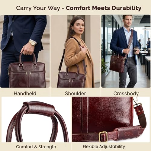 Image of Full Grain Genuine Leather Laptop Bag, with 15.6 inch Padded Laptop Compartment and Adjustable Shoulder Strap