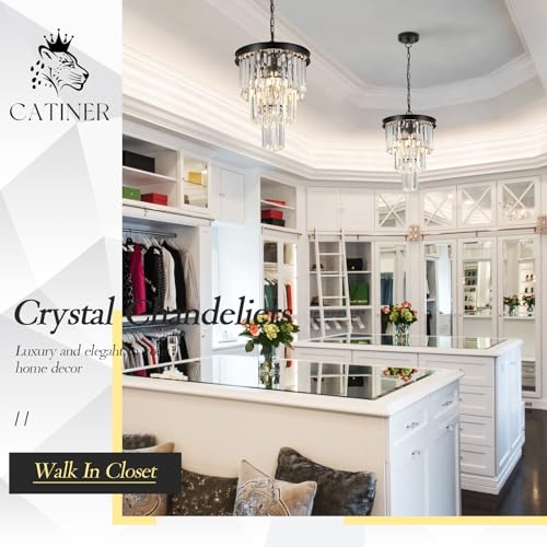 CATINER 12" Modern Crystal Chandeliers,3 Lights Black Round Light Fixture by CATINER - Used condition - Image 4