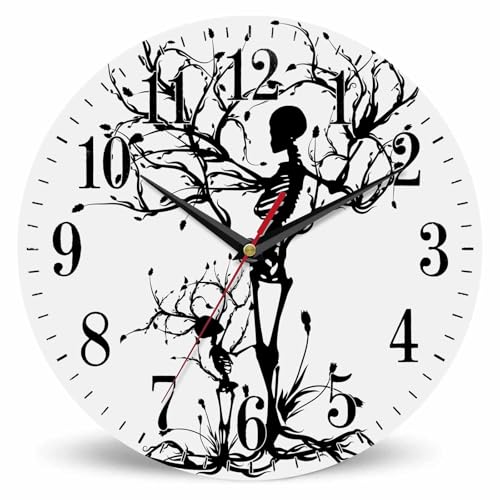 Tree of Life Wall Clock Skeleton Skull Death Artistic Sacred Dead Halloween 10 Inch Silent Non Ticking Battery Operated Clock Vintage Round Clock for Living Room Bedroom Bathroom Office Decor