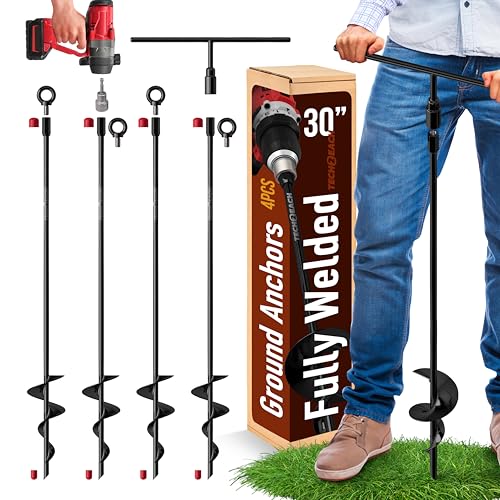 30 Inch Ground Anchors Heavy Duty Screw In - Kit Of 4 Fully Welded Earth Anchors - Long Spiral Tie Down Stakes For Swing Set Shed Trampoline Canopy Tree Tent - High Wind Anchor - Sand Auger Stake