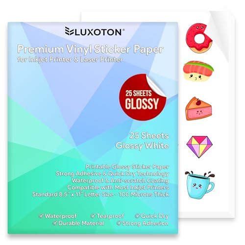 Printable Vinyl Sticker Paper for Inkjet Printer & Laser Printer - 25 Sheets Glossy Waterproof Sticker Paper, Printable Sticker Paper for Cricut, Glossy Sticker Paper for Printer - Letter 8.5" x 11"