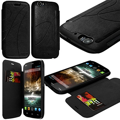 KARYLAX Seluxion - Coque Housse Etui à Rabat latéral et Porte-Carte pour Wiko Darkfull Couleur Noir + Film de Protection d'écran