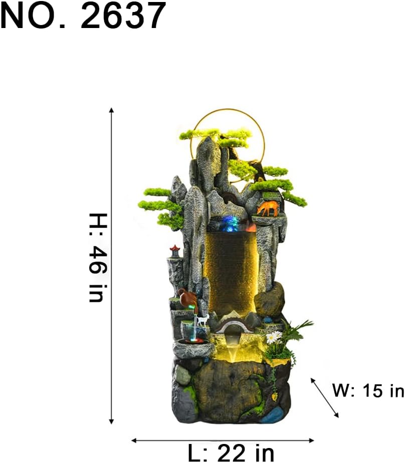 Chinese Mountain Waterfall Fountain with LED Lights and Bonsai Accents – Indoor/Outdoor Decorative Zen Water Feature for Home or Office Decor (2637)(2637)