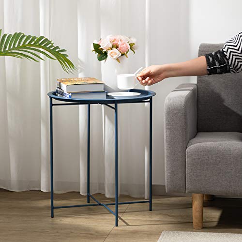 image for HollyHOME Folding Tray Metal Side Table, Sofa Table Small Round End Ta