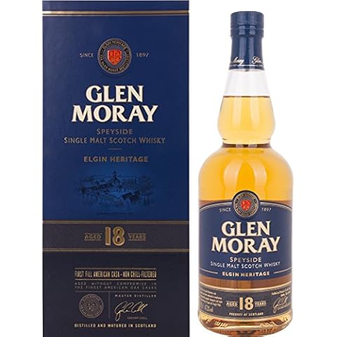 Glen Moray 18 Year Old single malt Scotch whisky 70cl 47.2% ABV, Speyside region whisky matured exclusively in first-fill ex-Bourbon casks. Distilled and matured in Elgin, Scotland Cover