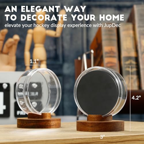 Image of JupDec Hockey Puck Display Case Acrylic Clear Holder with Wood Base, Autograph Souvenir Display Stand, Perfect Showcase for Your Collection, Brown, 2 Pack