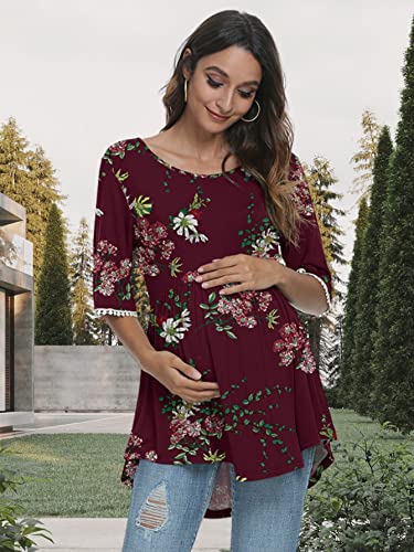 Xpenyo Maternity Blouse Tops Round Neck Lace Bell Sleeve Floral Maternity T Shirt Pregnancy Shirts Wine Red Floral Size S #TOP4