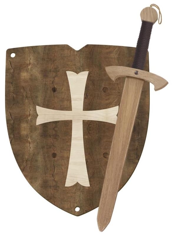 Espada y Escudo de Caballero de Madera Artesanales - Juguete para Niños y Niñas - Complemento para Juegos, Imitación, Disfraz, Medieval, Guerrero, Fiesta Temática , Edad Media (Rustico, Estándar)