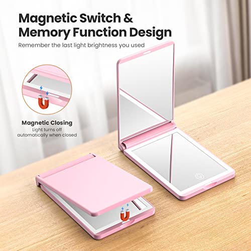Gospire Standing Led Travel Makeup Mirror With Lights And Magnification 1X/3X, Rechargeable Compact Mirror With Adjustable Brightness, Foldable Small Vanity Mirror Handheld For Purses – Pink #TOP5