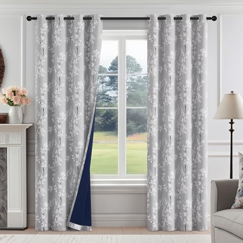 FMFUNCTEX 100% Blackout Floral Curtains for Bedroom, Grey Curtains 84 inches Long Blossom Flower Patterned for Living Room,Thermal Insulated Farmhouse Drapes, Grommet Top 2 Panels (White on Grey)