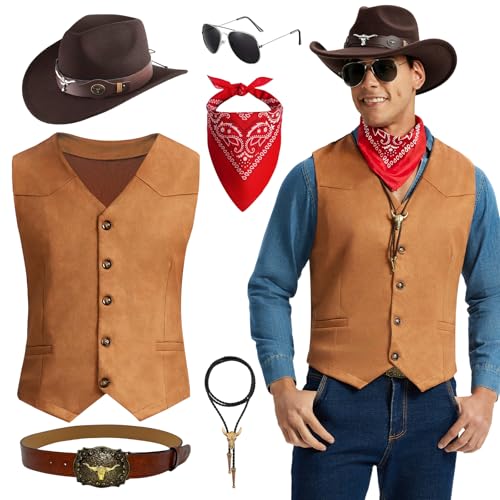 LumenVela Deguisement Cowboy Homme, 6 Pièces Costume Cowboy Homme avec Chapeau, Lunettes de Soleil, Foulard, Collier et Ceinture pour Carnaval Halloween Cosplay