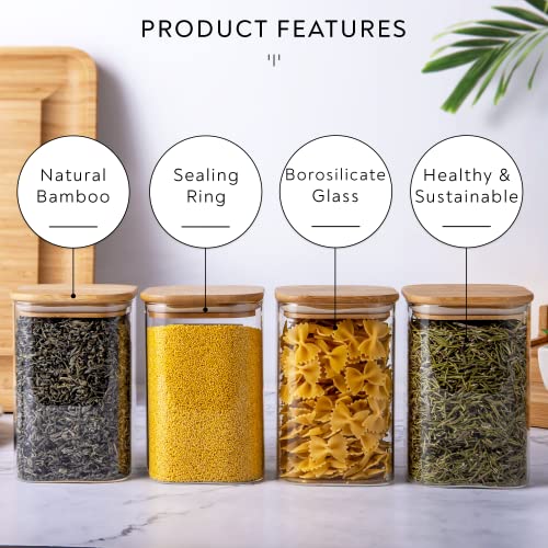 Laramaid 40Oz 4Packs Glass Jars Set, Square Pantry Jars With Bamboo Lids, Black Labels And White Pen, Food Storage Containers For Home, Kitchen And Pantry #TOP1