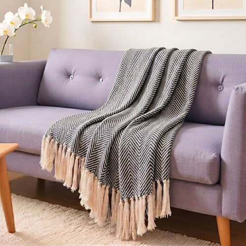 Image of SAJAVAT HOME Hand-Knitted Cotton Sofa Throw | Black & White Tassel Design for 3 & 5 Seater Sofa & Bed | Soft Lightweight All-Season Throw Blanket (80x52 Inches)