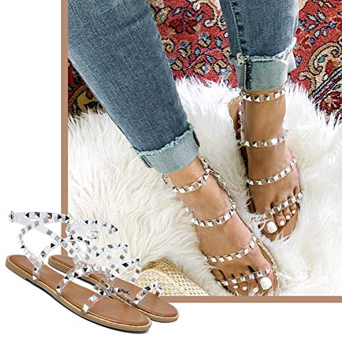 katliu Women's Flat Sandals Strappy Studded Sandals Gladiator Sandals with Ankle Strap2