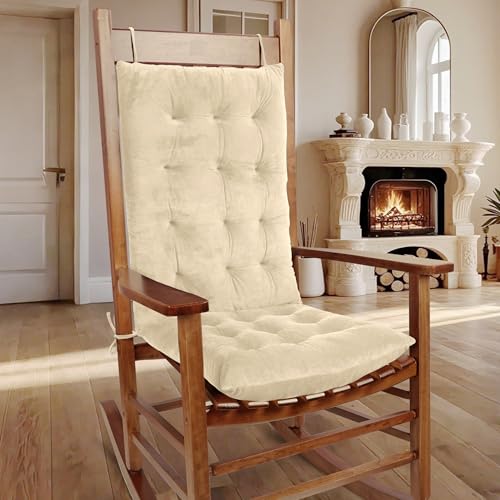 OVOV Dickes Schaukelstuhlkissen, warm, getuftet, Schaukelstuhlkissen, 2er-Set, mit Bändern, hohe Rückenlehne und Sitzkissen, geeignet für den Innenbereich, Weiß