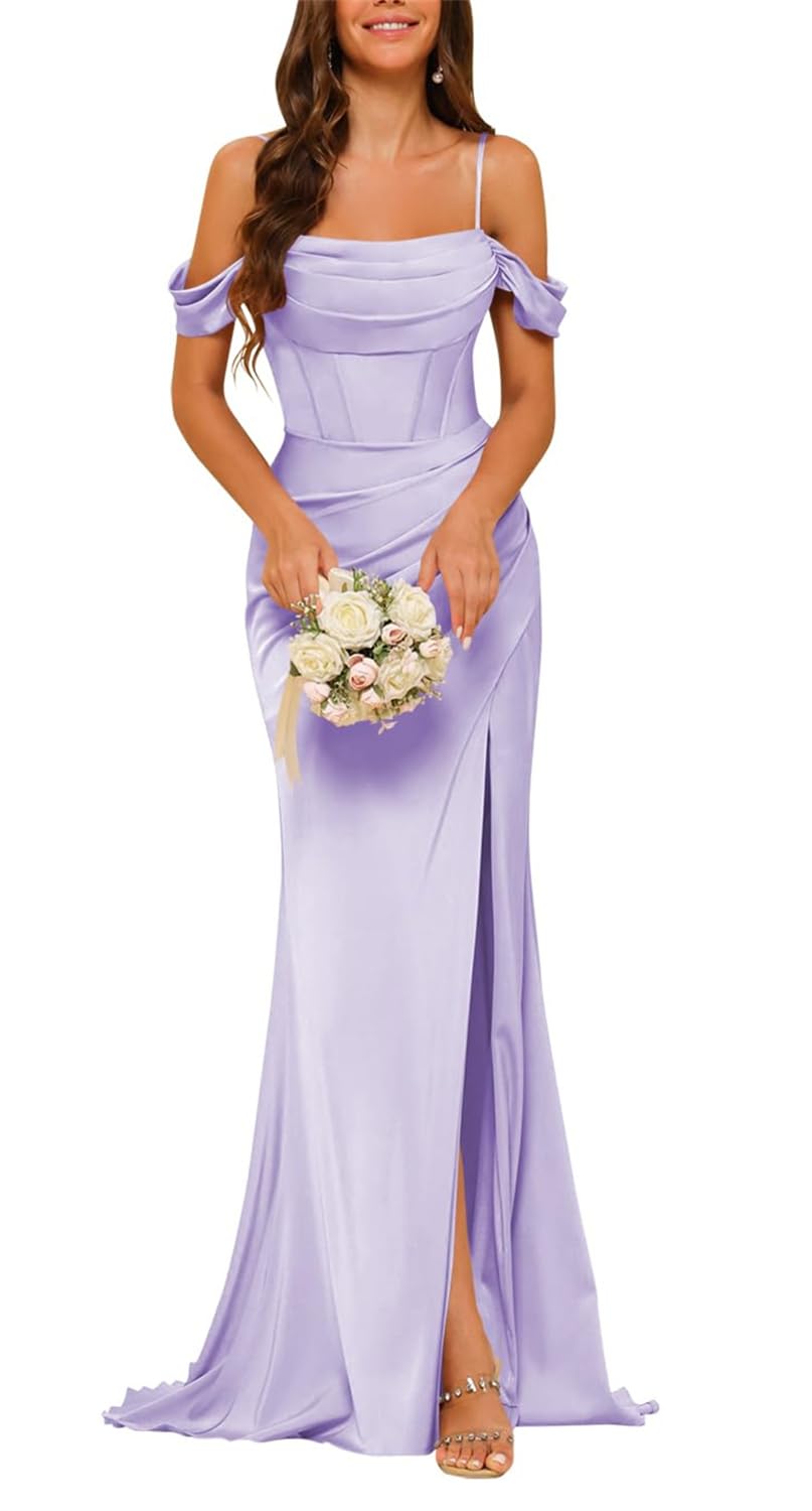 Yiann Women's Lavender Off Shoulder Satin Bridesmaid Dresses For With Slit Pleated Corset Mermaid Prom Dress Long Ball Gown Uk10