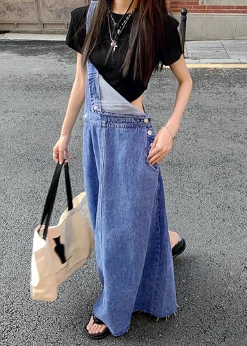 Image of chouyatou Women's Adjustable Strap Distressed Denim Overall Dress A-Line Back Split Pinafore Bib Jean Dress