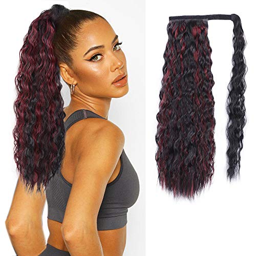Stamped Glorious Long Corn Wave Ponytail Extension Magic Paste Heat Resistant Wavy Synthetic Wrap Around Ponytail Black Hairpiece for Women (22inch, T1B-118#)
