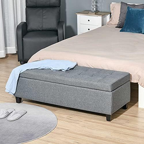 HOMCOM Linen Storage Ottoman, End of Bed Bench, Padded Footrest Seat w/Tufting Hinged Lid Wood Frame 129.5L x 48.2W x 40.2H cm Grey
