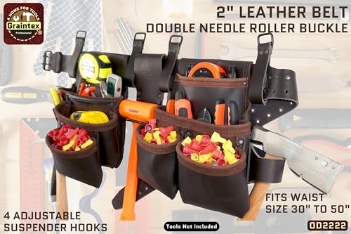 Image of Graintex 13 Pocket Framers Tool Belt, 4 Pc Combo Industrial Grade Leather Tool Pouch, 2 inch Leather Belt & Hammer Holder, Bags for Drywall Tools, Electricians, Plumbers